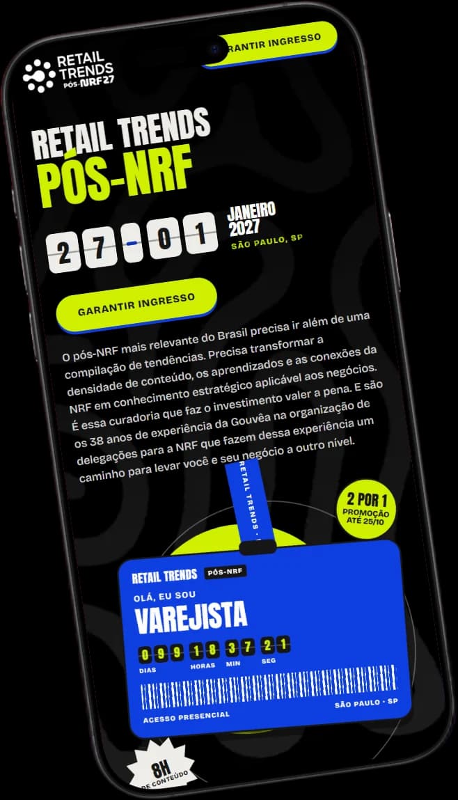 Mockup de celular com o site Retail Trends Pós-NRF